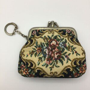 Vintage Womens Black Floral Embroidered Mini Coin Purse Keychain Victorian
